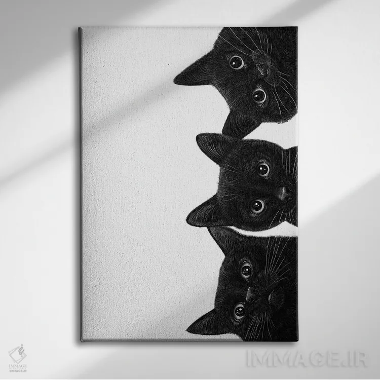 تابلو دکوراتیو سه گربه سیاه اثر والریا کورنکوا - نمای روبهرو روی دیوار