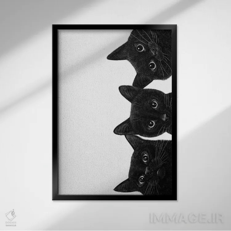 تابلو دکوراتیو سه گربه سیاه اثر والریا کورنکوا - نمای قابدار مشکی