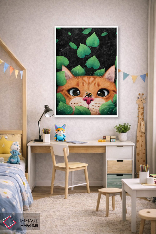 تابلو دکوراتیو گربه در برگ ها اثر والریا کورنکوا - D1W
