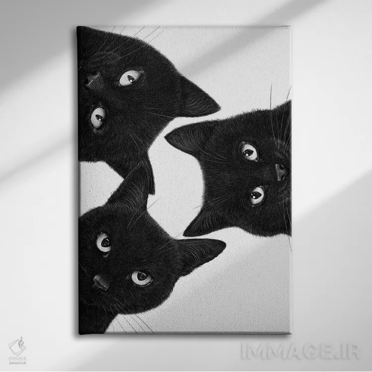 تابلو دکوراتیو سه گربه سیاه در یک دایره اثر والریا کورنکوا - نمای روبهرو روی دیوار