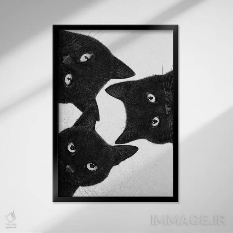 تابلو دکوراتیو سه گربه سیاه در یک دایره اثر والریا کورنکوا - نمای قابدار مشکی