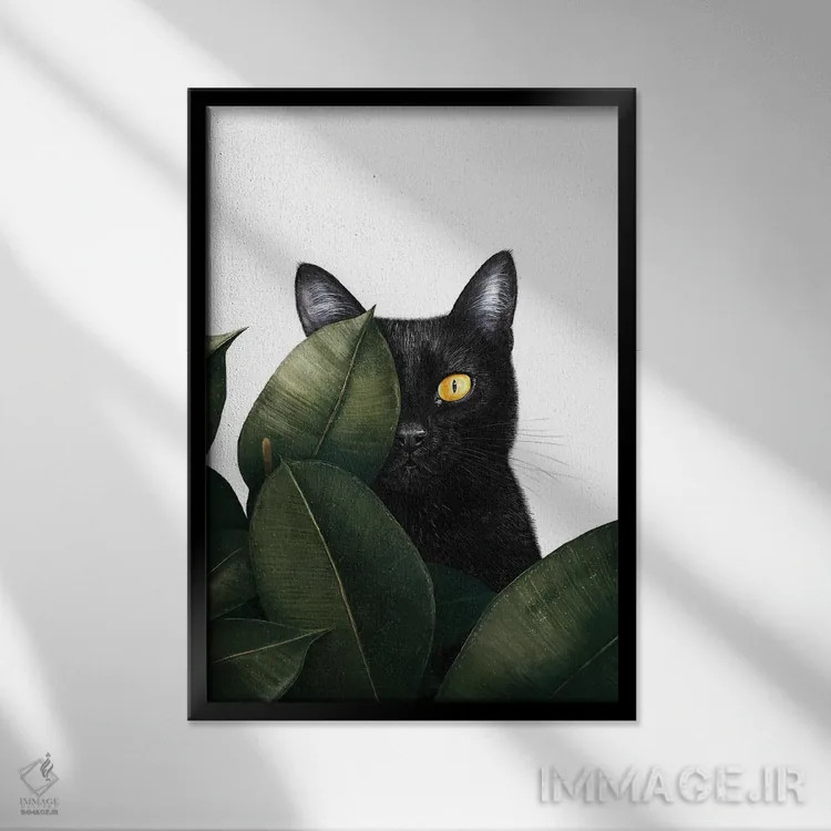 تابلو دکوراتیو گربه سیاه در فیکوس اثر والریا کورنکوا - نمای قابدار مشکی