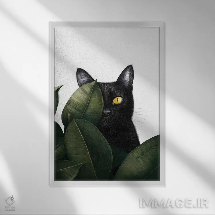 تابلو دکوراتیو گربه سیاه در فیکوس اثر والریا کورنکوا - نمای قابدار سفید