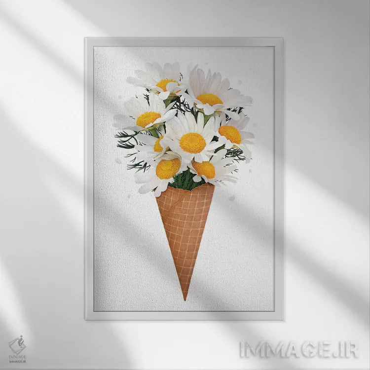 تابلو دکوراتیو بستنی با گل بابونه اثر والریا کورنکوا - نمای قابدار سفید