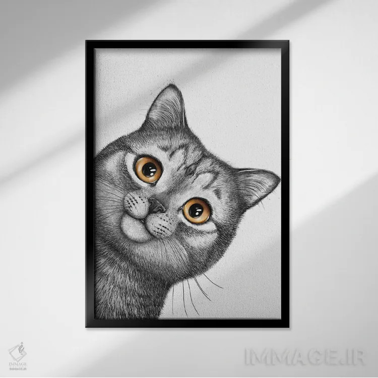 تابلو دکوراتیو گربه خاکستری اثر والریا کورنکوا - نمای قابدار مشکی