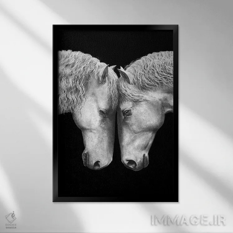 تابلو دکوراتیو عشق اسب ها روی زمینه مشکی اثر والریا کورنکوا - نمای قابدار مشکی