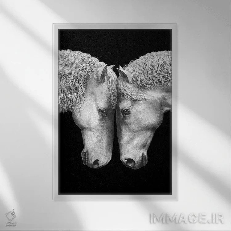تابلو دکوراتیو عشق اسب ها روی زمینه مشکی اثر والریا کورنکوا - نمای قابدار سفید