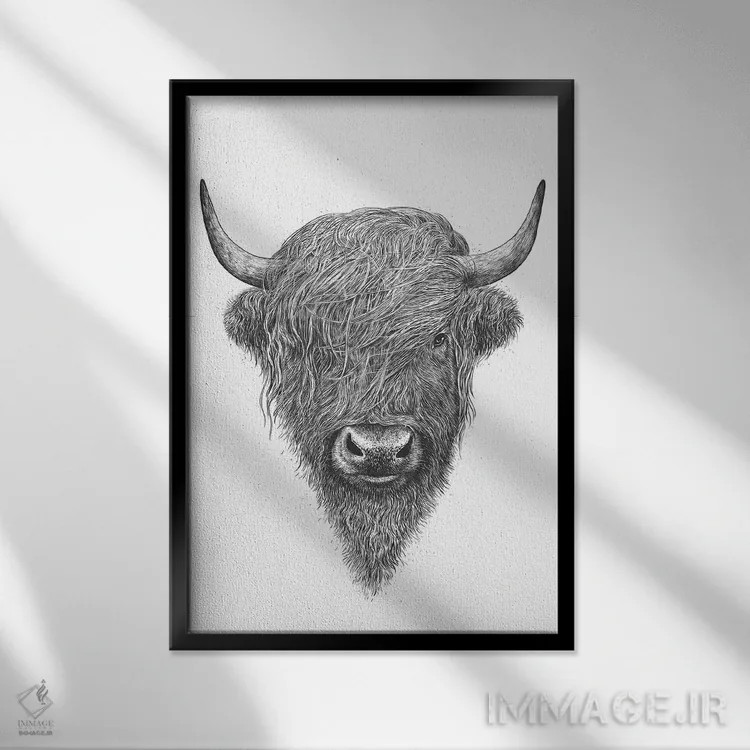 تابلو دکوراتیو گاو کوهستانی اسکاتلندی اثر والریا کورنکوا - نمای قابدار مشکی