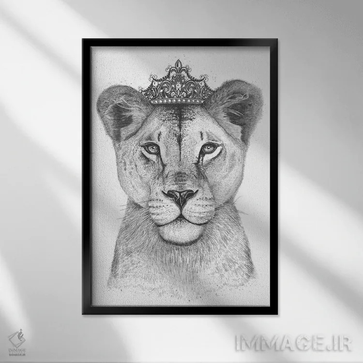 تابلو دکوراتیو شیر ماده ملکه اثر والریا کورنکوا - نمای قابدار مشکی
