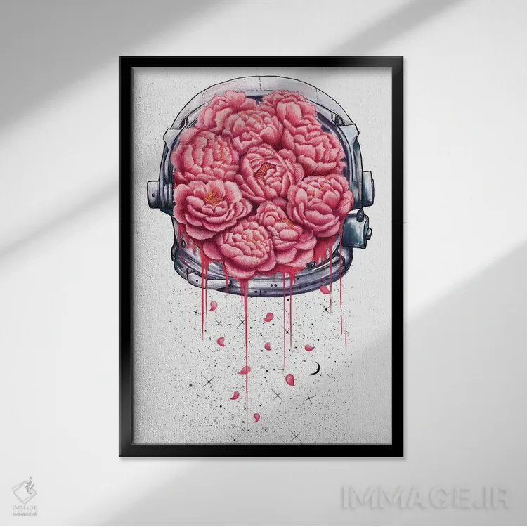 تابلو انتزاعی گل صدتومانی کیهانی اثر والریا کورنکوا - نمای قابدار مشکی