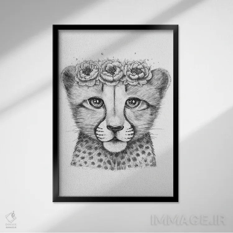 تابلو دکوراتیو توله یوزپلنگ اثر والریا کورنکوا - نمای قابدار مشکی