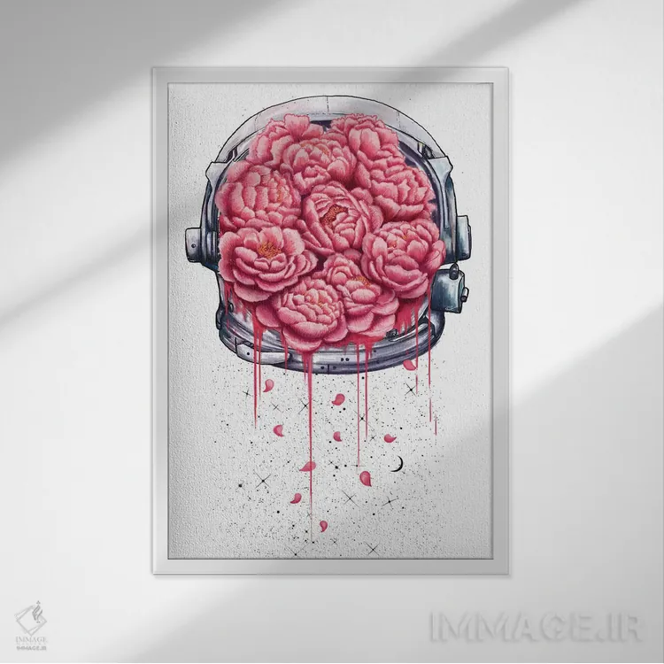 تابلو انتزاعی گل صدتومانی کیهانی اثر والریا کورنکوا - نمای قابدار سفید