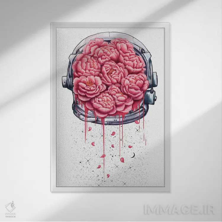 تابلو انتزاعی گل صدتومانی کیهانی اثر والریا کورنکوا - نمای قابدار سفید