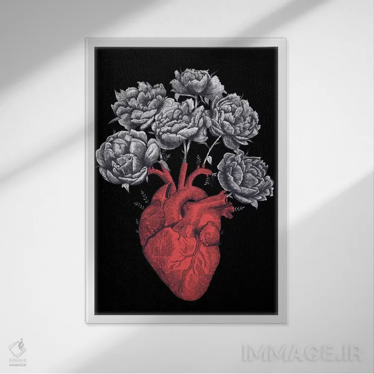تابلو انتزاعی قلب با گل صدتومانی روی زمینه سیاه اثر والریا کورنکوا - نمای قابدار سفید