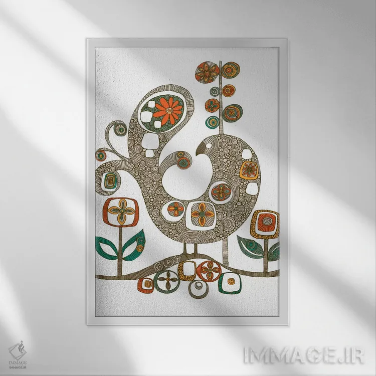 تابلو دکوراتیو پرنده فولکلور اثر والنتینا هارپر - نمای قابدار سفید