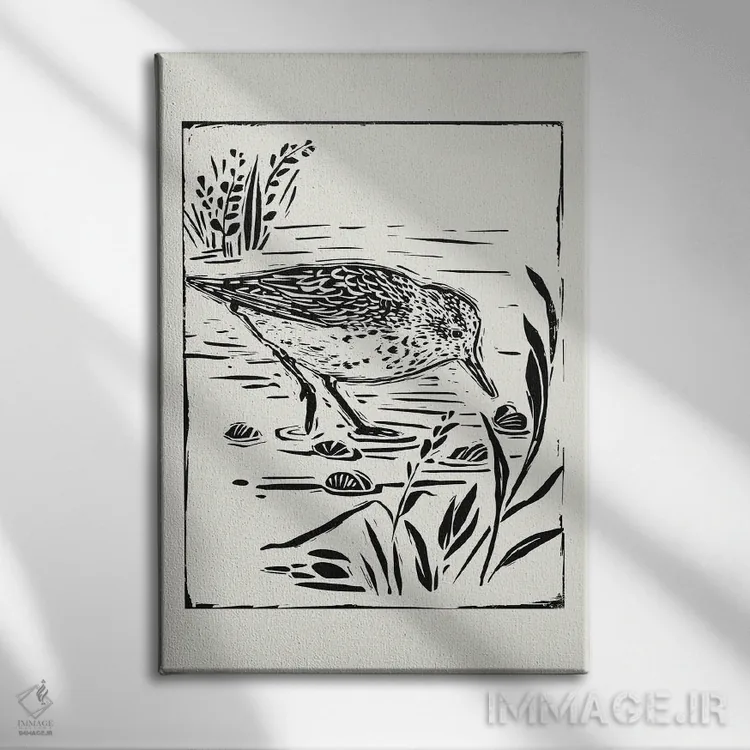 تابلو مینیمال پرنده دریایی به سبک لینوکات III اثر ویکتوریا بارنز - نمای روبهرو روی دیوار