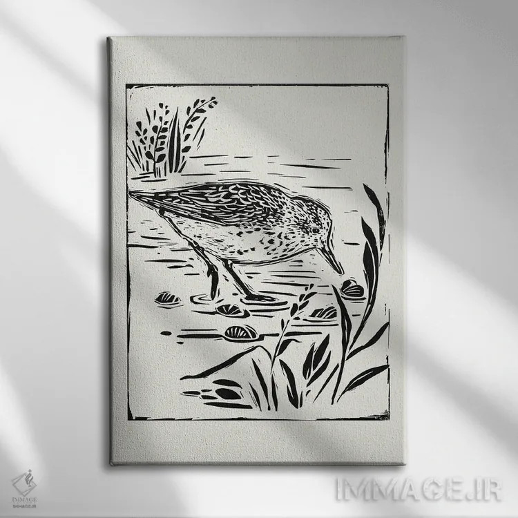 تابلو مینیمال پرنده دریایی به سبک لینوکات III اثر ویکتوریا بارنز - نمای روبهرو روی دیوار