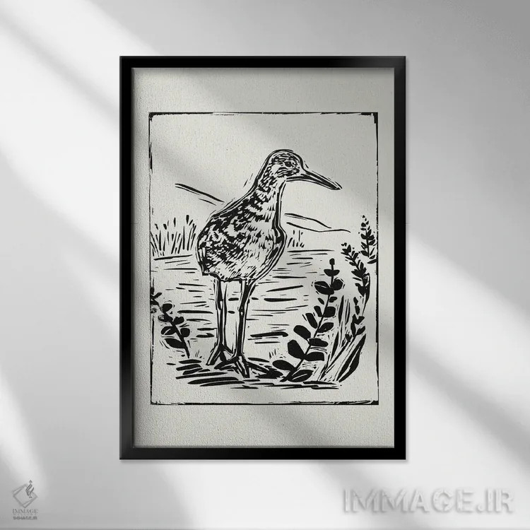 تابلو مینیمال پرنده دریایی به سبک لینوکات II اثر ویکتوریا بارنز - نمای قابدار مشکی