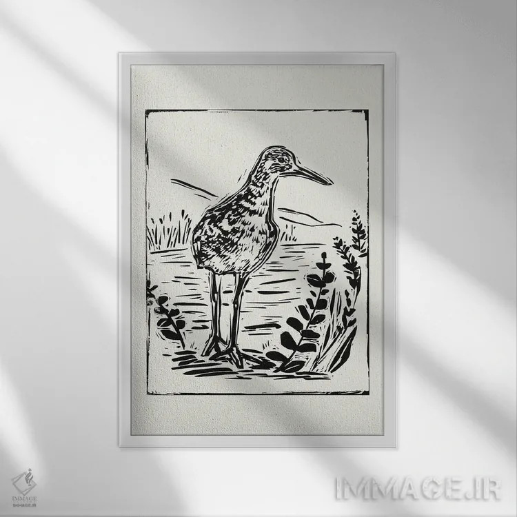 تابلو مینیمال پرنده دریایی به سبک لینوکات II اثر ویکتوریا بارنز - نمای قابدار سفید