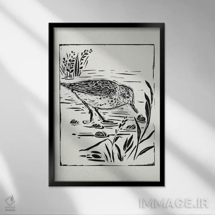 تابلو مینیمال پرنده دریایی به سبک لینوکات III اثر ویکتوریا بارنز - نمای قابدار مشکی