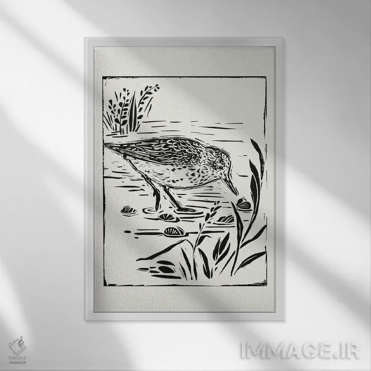 تابلو مینیمال پرنده دریایی به سبک لینوکات III اثر ویکتوریا بارنز - نمای قابدار سفید