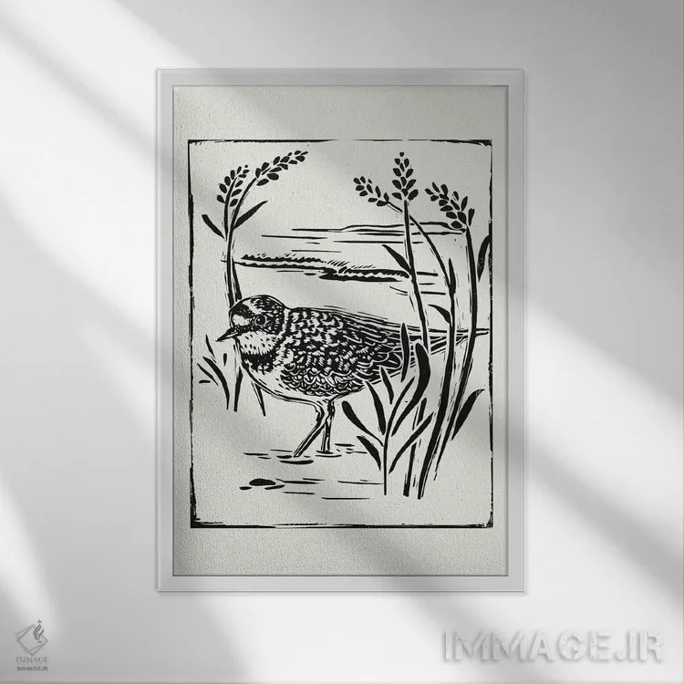 تابلو مینیمال پرنده دریایی به سبک لینوکات IV اثر ویکتوریا بارنز - نمای قابدار سفید