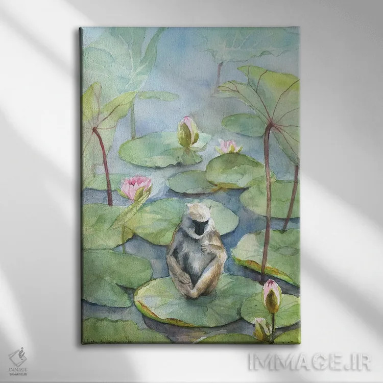 تابلو دکوراتیو Dreamy Watercolor Fantasy Landscape,میمون در برکه نیل… اثر ویولتا بویادزشیوا - نمای روبهرو روی دیوار