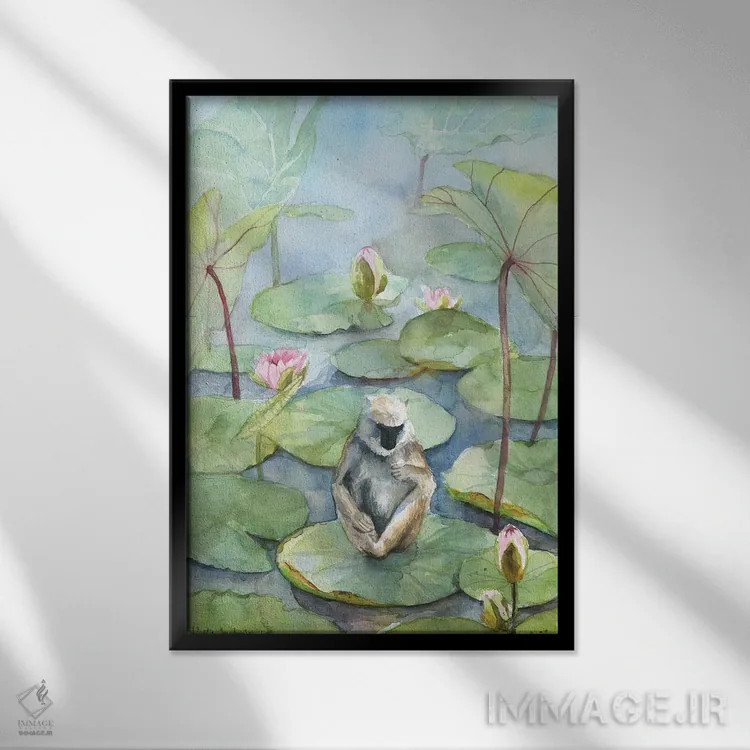 تابلو دکوراتیو Dreamy Watercolor Fantasy Landscape,میمون در برکه نیل… اثر ویولتا بویادزشیوا - نمای قابدار مشکی