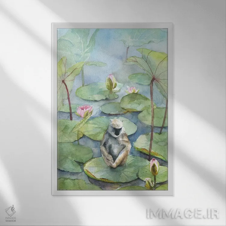 تابلو دکوراتیو Dreamy Watercolor Fantasy Landscape,میمون در برکه نیل… اثر ویولتا بویادزشیوا - نمای قابدار سفید