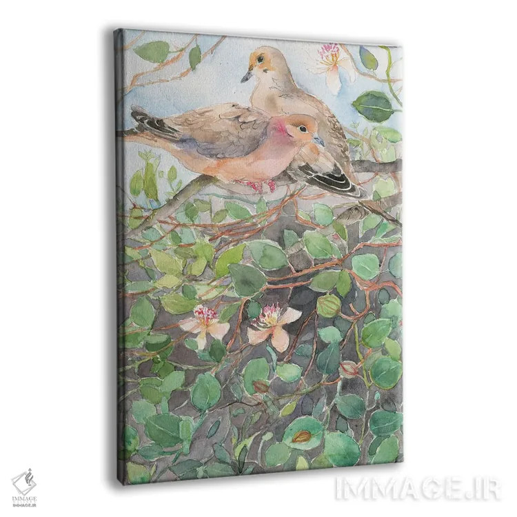 تابلو دکوراتیو Spring Bloom,کبوتران روی شاخه گل، شکوفه های بهاری اثر ویولتا بویادزشیوا - نمای پرسپکتیو محصول