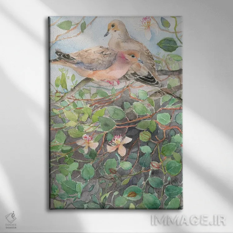 تابلو دکوراتیو Spring Bloom,کبوتران روی شاخه گل، شکوفه های بهاری اثر ویولتا بویادزشیوا - نمای روبهرو روی دیوار