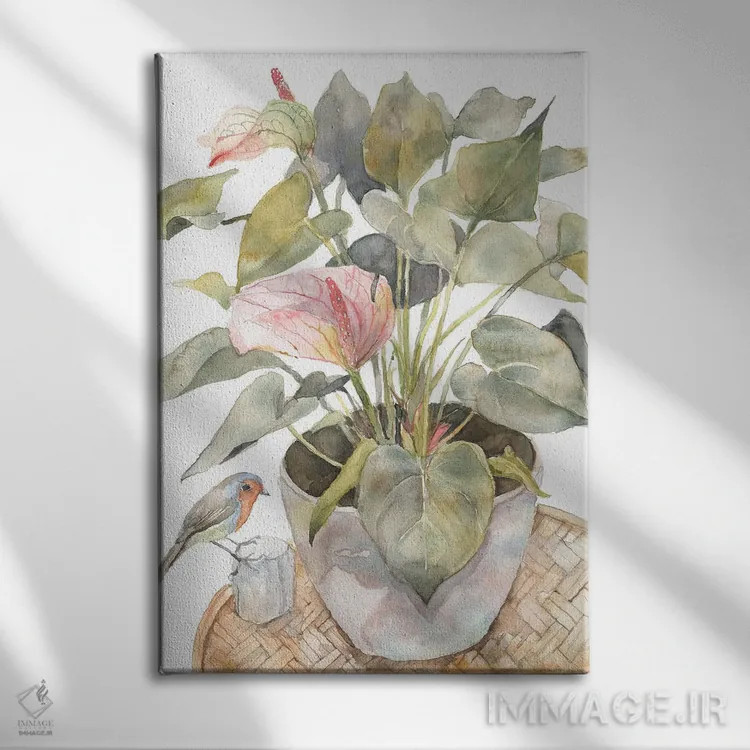 تابلو مدرن Flamingo Lily Plant In A Pot,آنتوریوم و پرنده، گیاه فلامی… اثر ویولتا بویادزشیوا - نمای روبهرو روی دیوار
