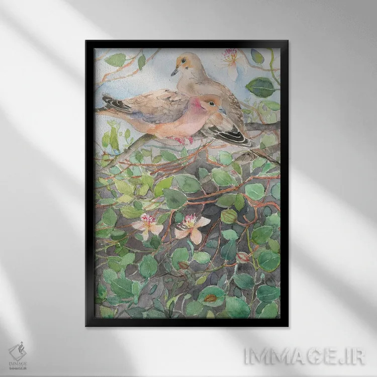 تابلو دکوراتیو Spring Bloom,کبوتران روی شاخه گل، شکوفه های بهاری اثر ویولتا بویادزشیوا - نمای قابدار مشکی