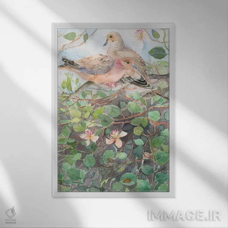تابلو دکوراتیو Spring Bloom,کبوتران روی شاخه گل، شکوفه های بهاری اثر ویولتا بویادزشیوا - نمای قابدار سفید