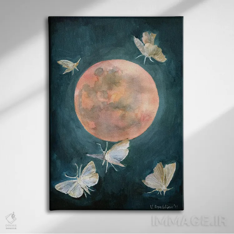 تابلو دکوراتیو Moths And Butterflies, Beautiful Night,طرح ماه سرخ، ش… اثر ویولتا بویادزشیوا - نمای روبهرو روی دیوار