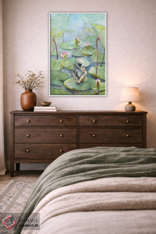 تابلو دکوراتیو Dreamy Watercolor Fantasy Landscape,میمون در برکه نیل… اثر ویولتا بویادزشیوا - D2W