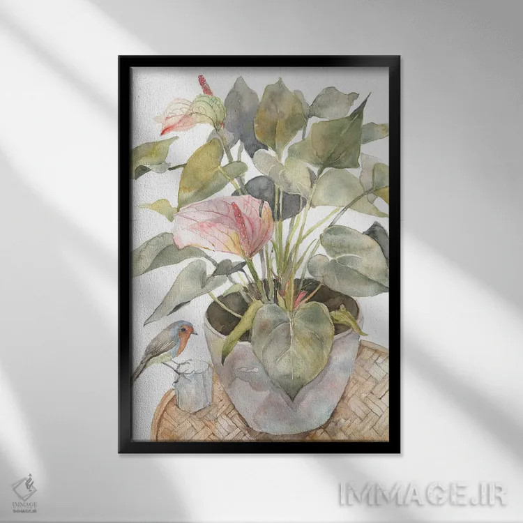 تابلو مدرن Flamingo Lily Plant In A Pot,آنتوریوم و پرنده، گیاه فلامی… اثر ویولتا بویادزشیوا - نمای قابدار مشکی