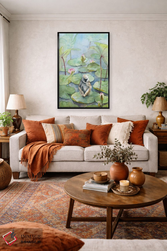 تابلو دکوراتیو Dreamy Watercolor Fantasy Landscape,میمون در برکه نیل… اثر ویولتا بویادزشیوا - D3B