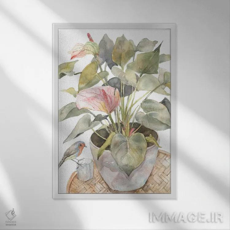 تابلو مدرن Flamingo Lily Plant In A Pot,آنتوریوم و پرنده، گیاه فلامی… اثر ویولتا بویادزشیوا - نمای قابدار سفید