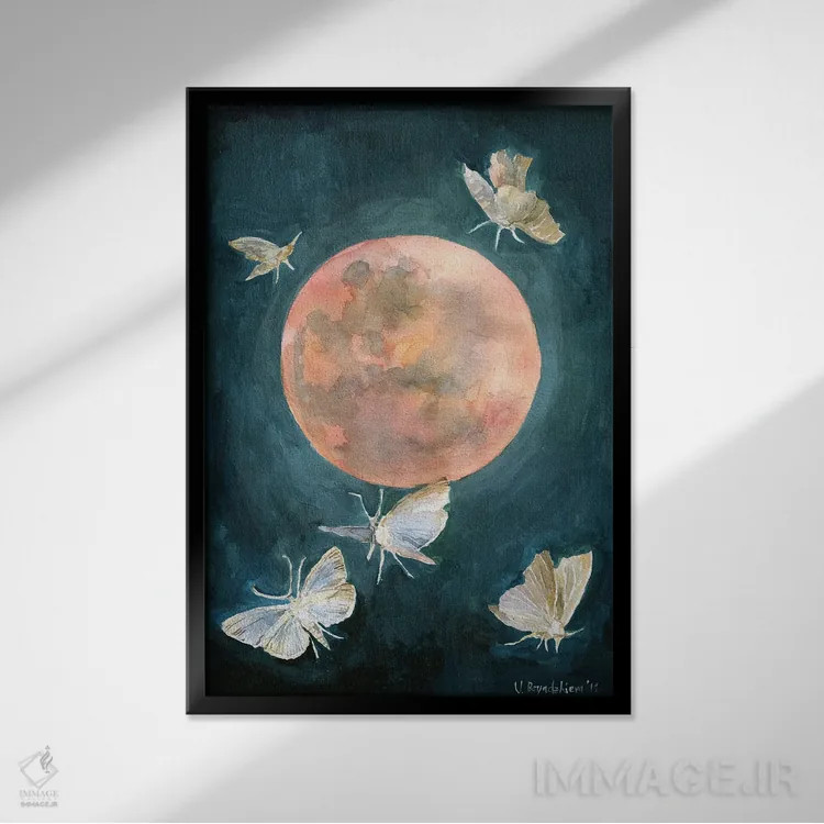 تابلو دکوراتیو Moths And Butterflies, Beautiful Night,طرح ماه سرخ، ش… اثر ویولتا بویادزشیوا - نمای قابدار مشکی
