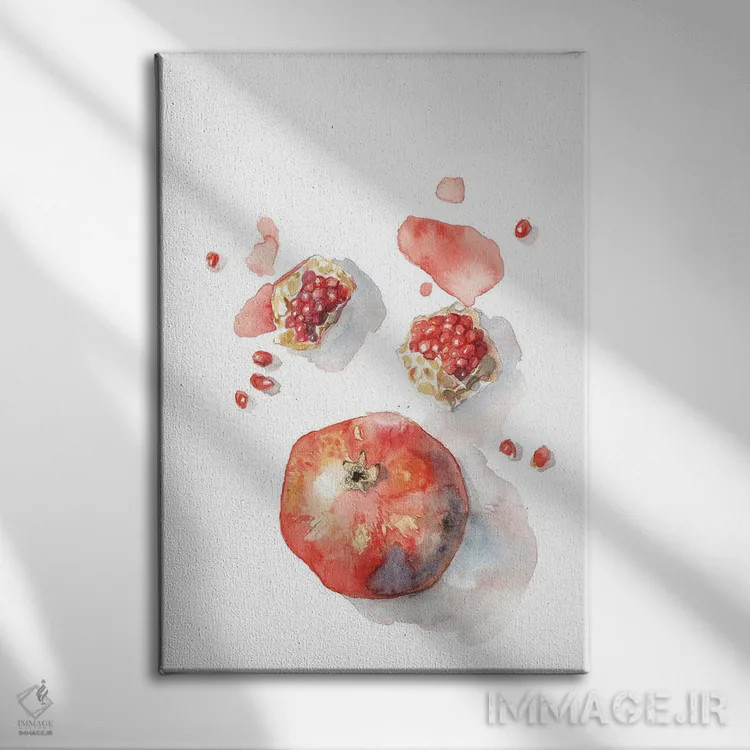 تابلو دکوراتیو Red Autumn Fruit, Cosy Watercolor,انار، میوه پاییزی ق… اثر ویولتا بویادزشیوا - نمای روبهرو روی دیوار