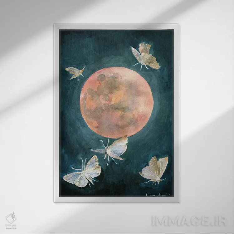 تابلو دکوراتیو Moths And Butterflies, Beautiful Night,طرح ماه سرخ، ش… اثر ویولتا بویادزشیوا - نمای قابدار سفید
