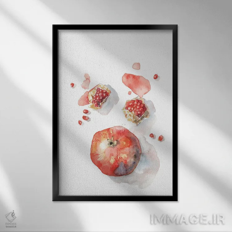 تابلو دکوراتیو Red Autumn Fruit, Cosy Watercolor,انار، میوه پاییزی ق… اثر ویولتا بویادزشیوا - نمای قابدار مشکی