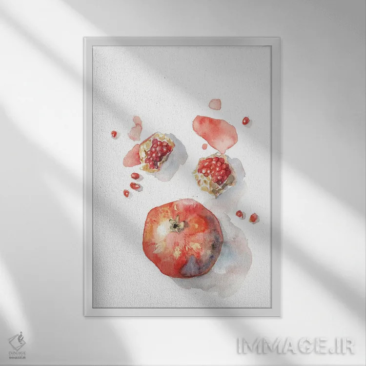 تابلو دکوراتیو Red Autumn Fruit, Cosy Watercolor,انار، میوه پاییزی ق… اثر ویولتا بویادزشیوا - نمای قابدار سفید