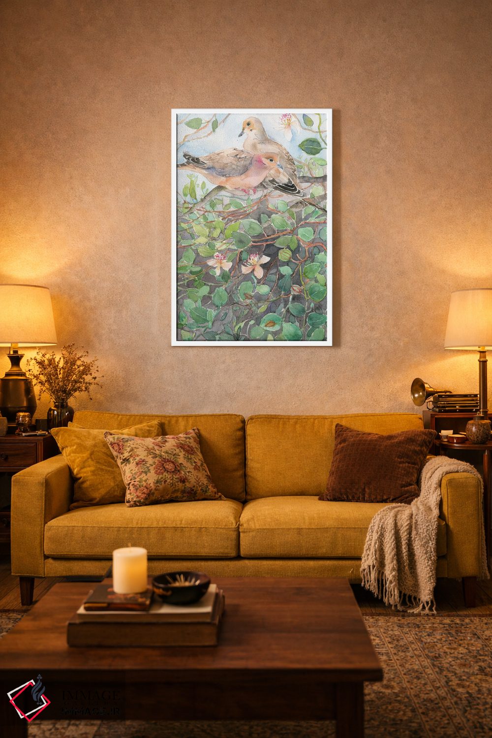 تابلو دکوراتیو Spring Bloom,کبوتران روی شاخه گل، شکوفه های بهاری اثر ویولتا بویادزشیوا - D1W
