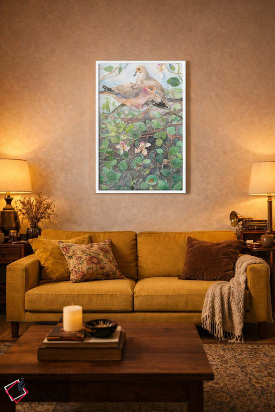 تابلو دکوراتیو Spring Bloom,کبوتران روی شاخه گل، شکوفه های بهاری اثر ویولتا بویادزشیوا - D1W