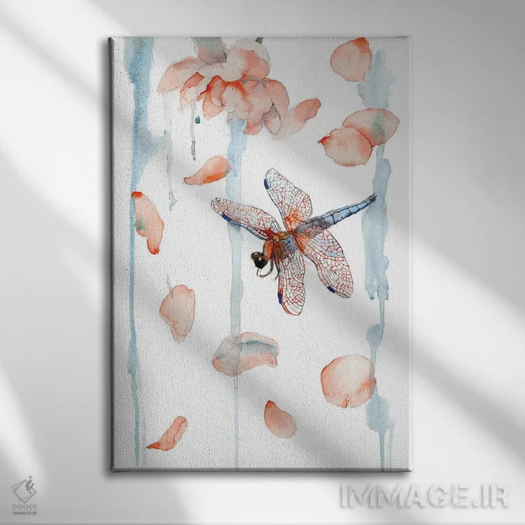 تابلو دکوراتیو Watercolor,تابلوی سنجاقک و گلبرگ صدتومانی، آبرنگ اثر ویولتا بویادزشیوا - نمای روبهرو روی دیوار