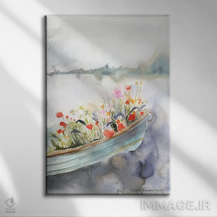 تابلو دکوراتیو قایق پر از گل بر روی رودخانه اثر ویولتا بویادزشیوا - نمای روبهرو روی دیوار
