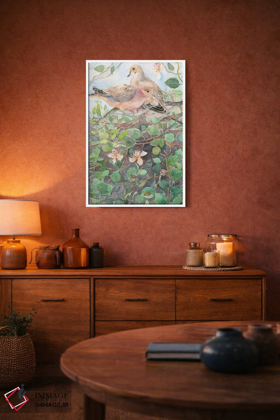تابلو دکوراتیو Spring Bloom,کبوتران روی شاخه گل، شکوفه های بهاری اثر ویولتا بویادزشیوا - D2W