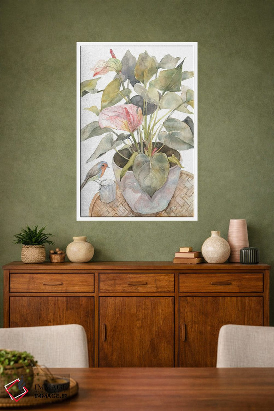 تابلو مدرن Flamingo Lily Plant In A Pot,آنتوریوم و پرنده، گیاه فلامی… اثر ویولتا بویادزشیوا - D1W